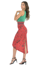 Load image into Gallery viewer, Red Ethnic Print Tango Skirt With Curved Front Slit