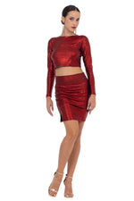 Load image into Gallery viewer, Red Metallic Long Sleeve Crop Top