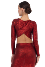 Load image into Gallery viewer, Red Metallic Long Sleeve Crop Top