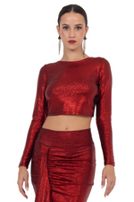 Load image into Gallery viewer, Red Metallic Long Sleeve Crop Top