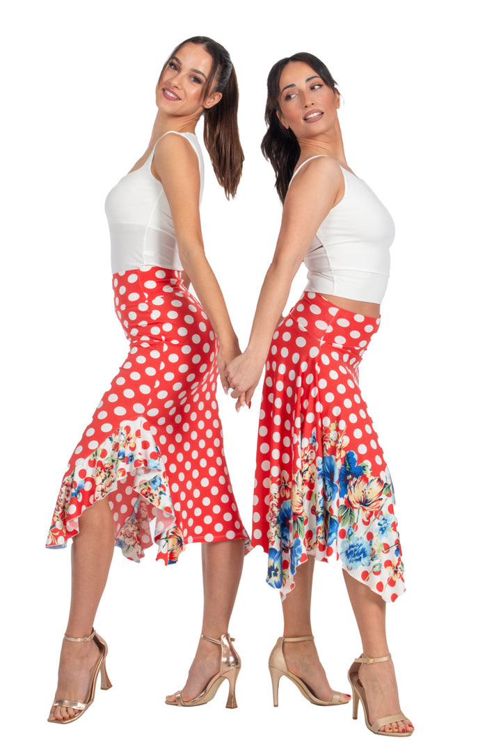 Red Polka-Dot Bodycon Midi Dance Skirt With Side Ruffles