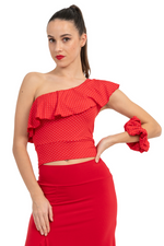 Load image into Gallery viewer, Red Polka Dot One Shoulder Crop Top With Ruffles
