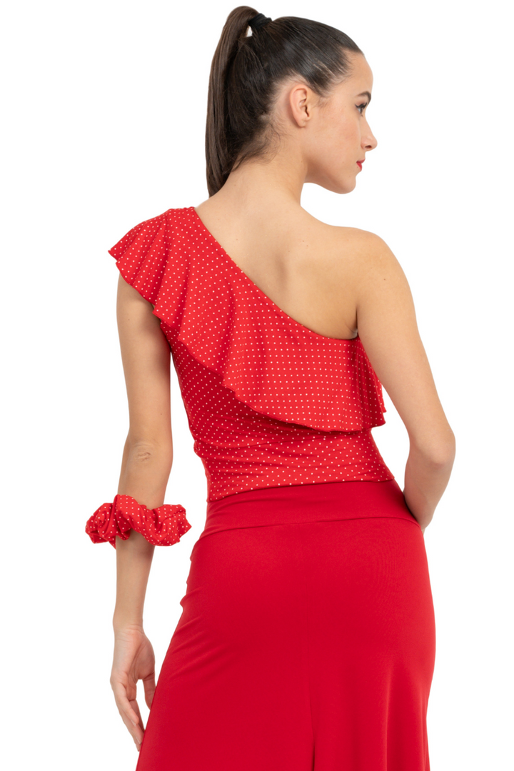 Red Polka Dot One Shoulder Crop Top With Ruffles