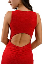 Load image into Gallery viewer, Red Lace Keyhole Back Fishtail Dress