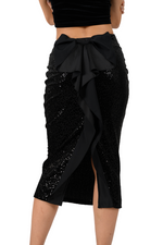 Load image into Gallery viewer, Black Ruffled Bow Sequin Dance Skirt