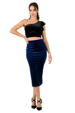 Load image into Gallery viewer, Dark Blue Ruffled Bow Velvet Dance Skirt