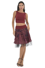 Load image into Gallery viewer, Burgundy Floral Embroidered Tulle Above-Knee Skirt