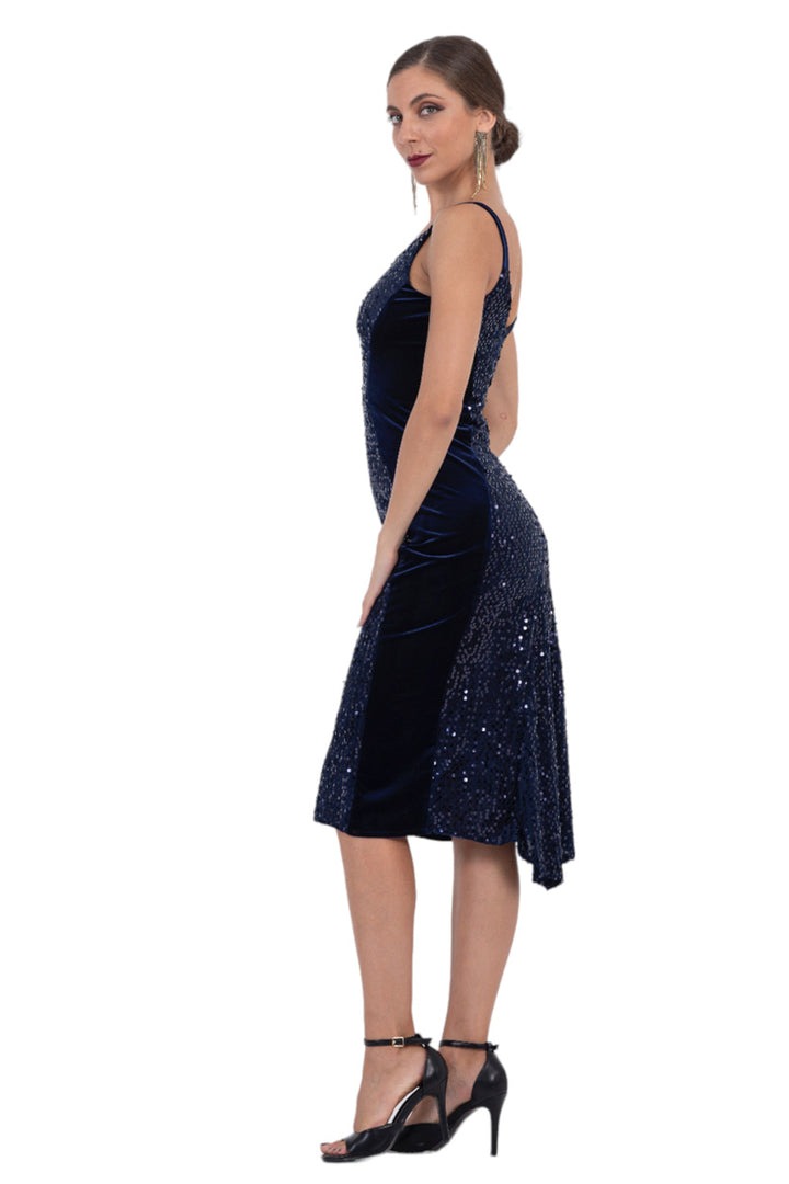 Sequin Midi Dress With Velvet Side Details & Skirt Draping
