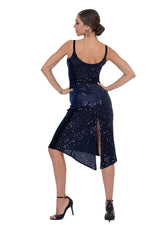 Load image into Gallery viewer, Sequin Midi Dress With Velvet Side Details &amp; Skirt Draping
