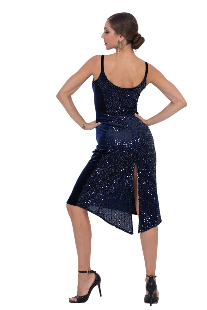 Sequin Midi Dress With Velvet Side Details & Skirt Draping