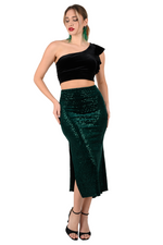 Load image into Gallery viewer, Forest Green Sequin Velvet Tango Skirt With Side Slit