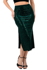 Load image into Gallery viewer, Forest Green Sequin Velvet Tango Skirt With Side Slit