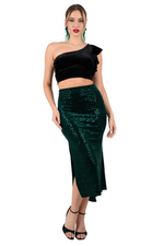 Load image into Gallery viewer, Forest Green Sequin Velvet Tango Skirt With Side Slit