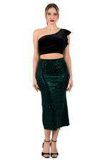 Load image into Gallery viewer, Forest Green Sequin Velvet Tango Skirt With Side Slit