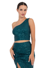 Load image into Gallery viewer, Sequinned One Shoulder Crop Top With Cutout