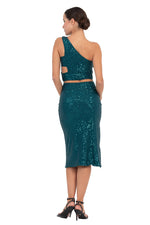 Load image into Gallery viewer, Sequinned One Shoulder Crop Top With Cutout