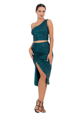 Load image into Gallery viewer, Sequinned Ruched Midi Skirt With Slit
