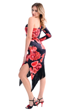 Load image into Gallery viewer, Spanish Floral Print Velvet Tango Dress With Fringe