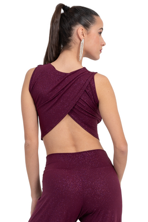 Sparkling Eggplant Crop Top With Draped Overlap Back