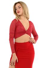 Load image into Gallery viewer, Sparkling Sleeved Twisted Knot V-neck Crop Top