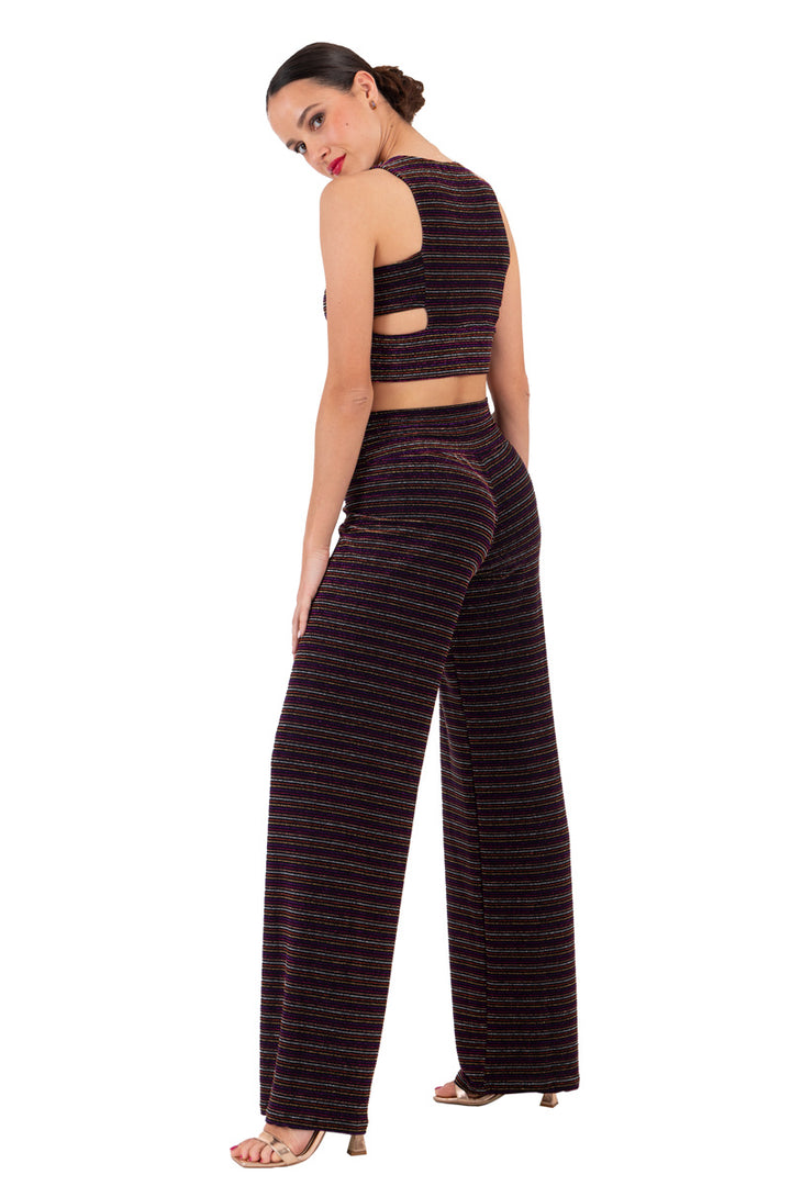 Sparkling Striped Dance Crop Top With Cutouts