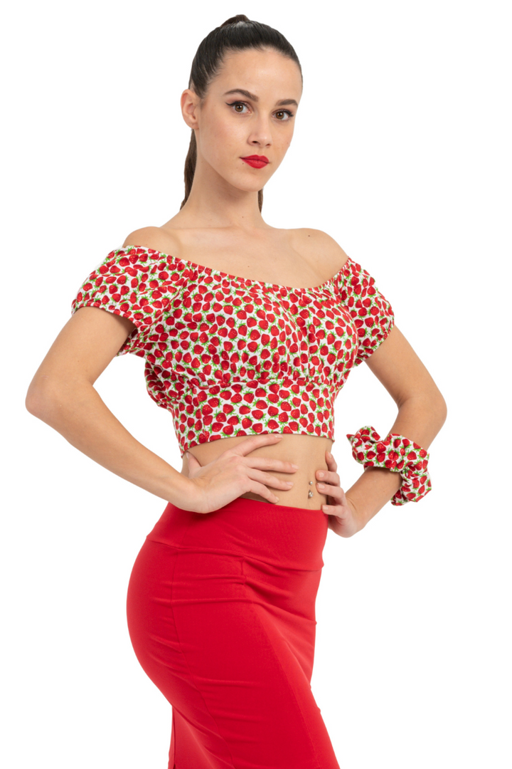 Strawberry Printed Mexican Style Off The Shoulder Crop Top