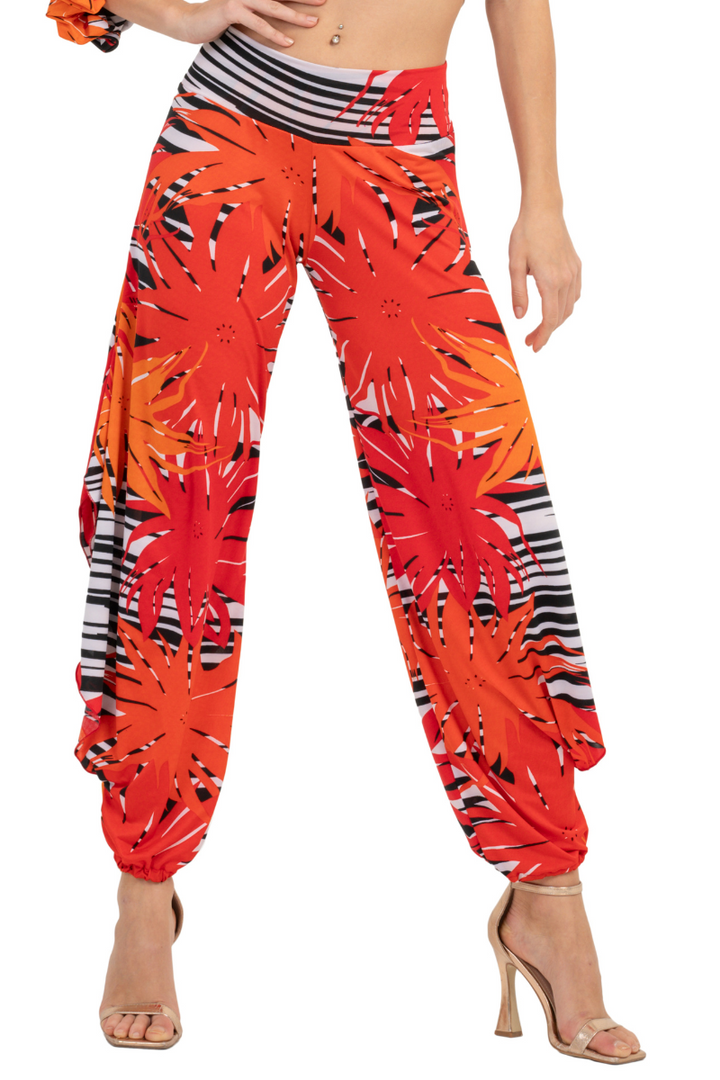 Striped Floral Harem Style Tango Pants With Slits