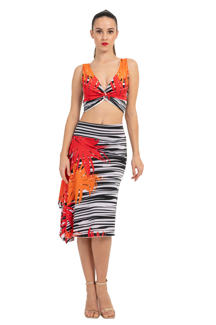Striped Floral Print Skirt With Side Draping