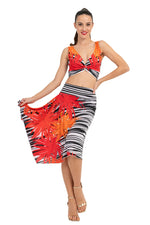 Load image into Gallery viewer, Striped Floral Print Skirt With Side Draping
