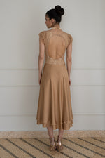 Load image into Gallery viewer, Tan Two-Layer Satin And Lace Backless Dress