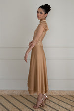 Load image into Gallery viewer, Tan Two-Layer Satin And Lace Backless Dress
