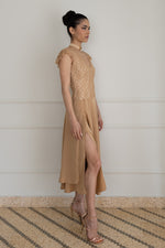 Load image into Gallery viewer, Tan Two-Layer Satin And Lace Backless Dress