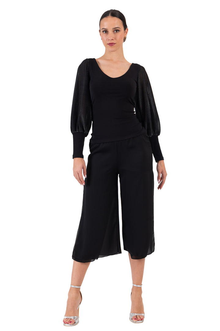 Black Top With Long Striped Lamé Split Sleeves