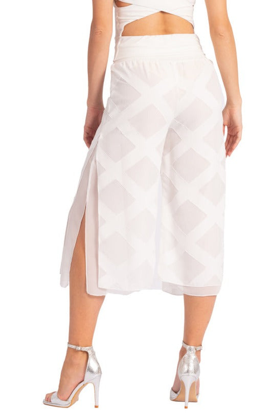 Two-layer White 3D Refief Cropped Culottes With Slits