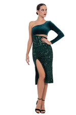 Load image into Gallery viewer, Velvet And Sequin One-Sleeve Midi Dress With Side Cutout