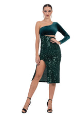 Load image into Gallery viewer, Velvet And Sequin One-Sleeve Midi Dress With Side Cutout