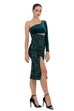 Load image into Gallery viewer, Velvet And Sequin One-Sleeve Midi Dress With Side Cutout

