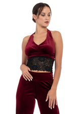 Load image into Gallery viewer, Velvet Halter-neck Tie Crop Top with Black Lace