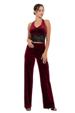 Load image into Gallery viewer, Velvet Halter-neck Tie Crop Top with Black Lace