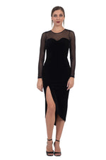 Load image into Gallery viewer, Velvet Open Back Tango Dress With Mesh Décolletage & Sleeves