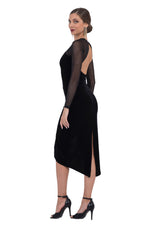 Load image into Gallery viewer, Velvet Open Back Tango Dress With Mesh Décolletage & Sleeves