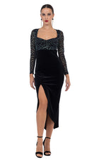 Load image into Gallery viewer, Velvet Sparkling Detailed Sweetheart Dress With Slits