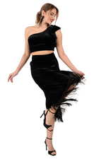 Load image into Gallery viewer, Velvet Wrap Effect Dance Skirt With Fringe