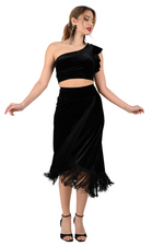 Load image into Gallery viewer, Velvet Wrap Effect Dance Skirt With Fringe