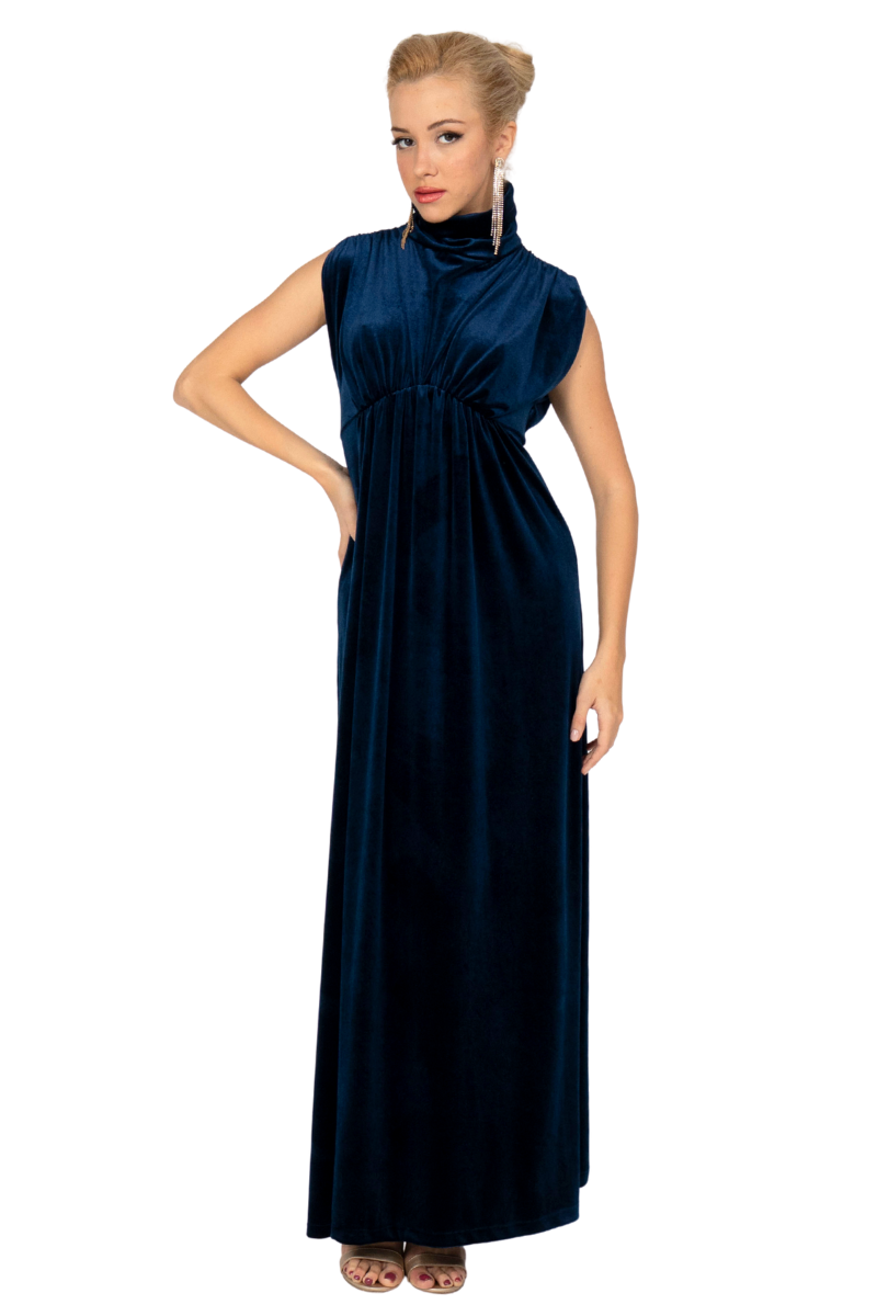 Velvet High Neck Maxi Dress With Gatherings (S) (Dark Blue Velvet,Blac –  conDiva