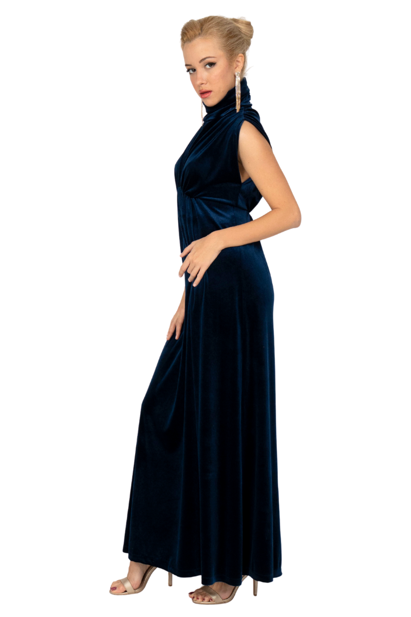 Velvet High Neck Maxi Dress With Gatherings (S) (Dark Blue Velvet,Blac conDiva Velvet High Neck Maxi Dress With Gatherings (S) (Dark Blue Velvet,Blac conDiva
