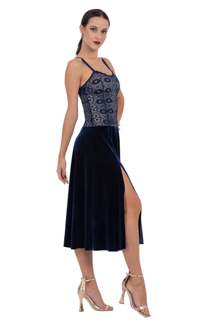 Velvet & Lace Spaghetti Strap Flowy Tango Dress