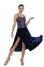 Load image into Gallery viewer, Velvet &amp; Lace Spaghetti Strap Flowy Tango Dress
