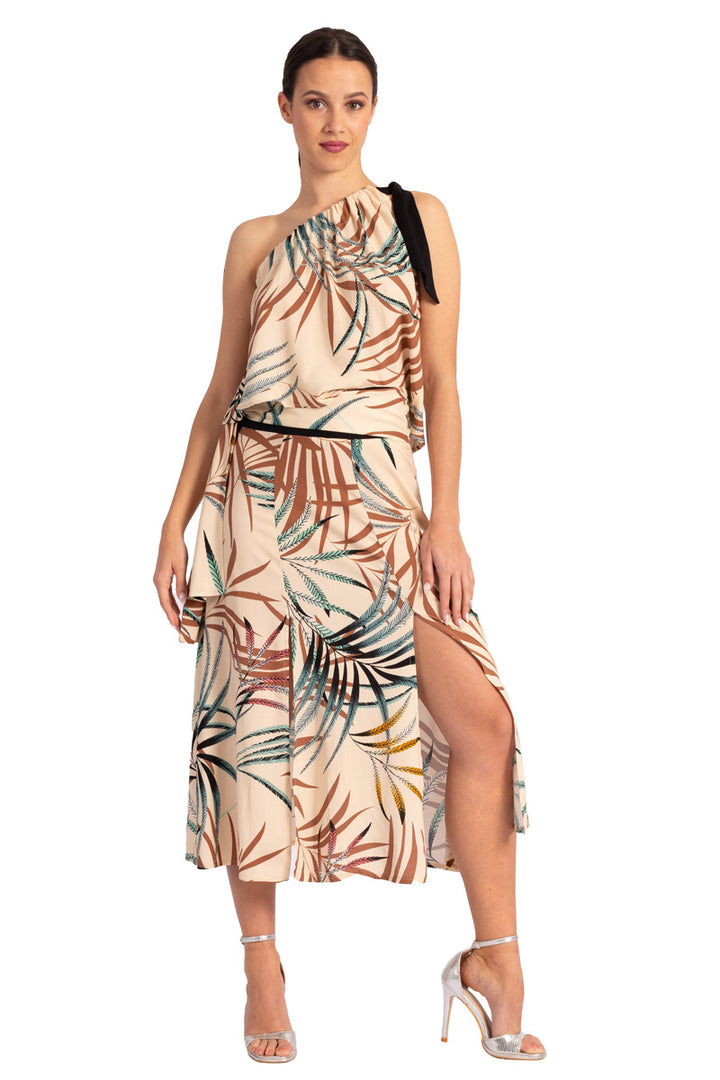 Waist Knot Beige Tropical Print Midi Skirt With Slits
