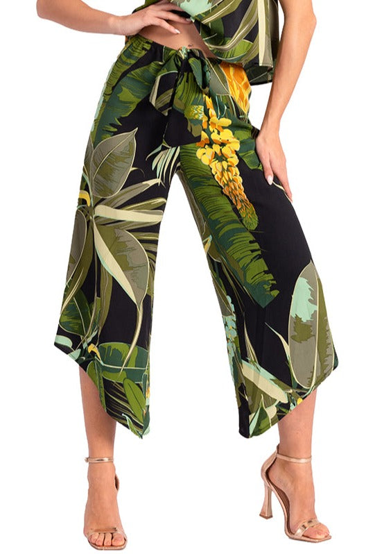 Waist Tie Tropical Print Asymmetric Cropped Tango Pants 